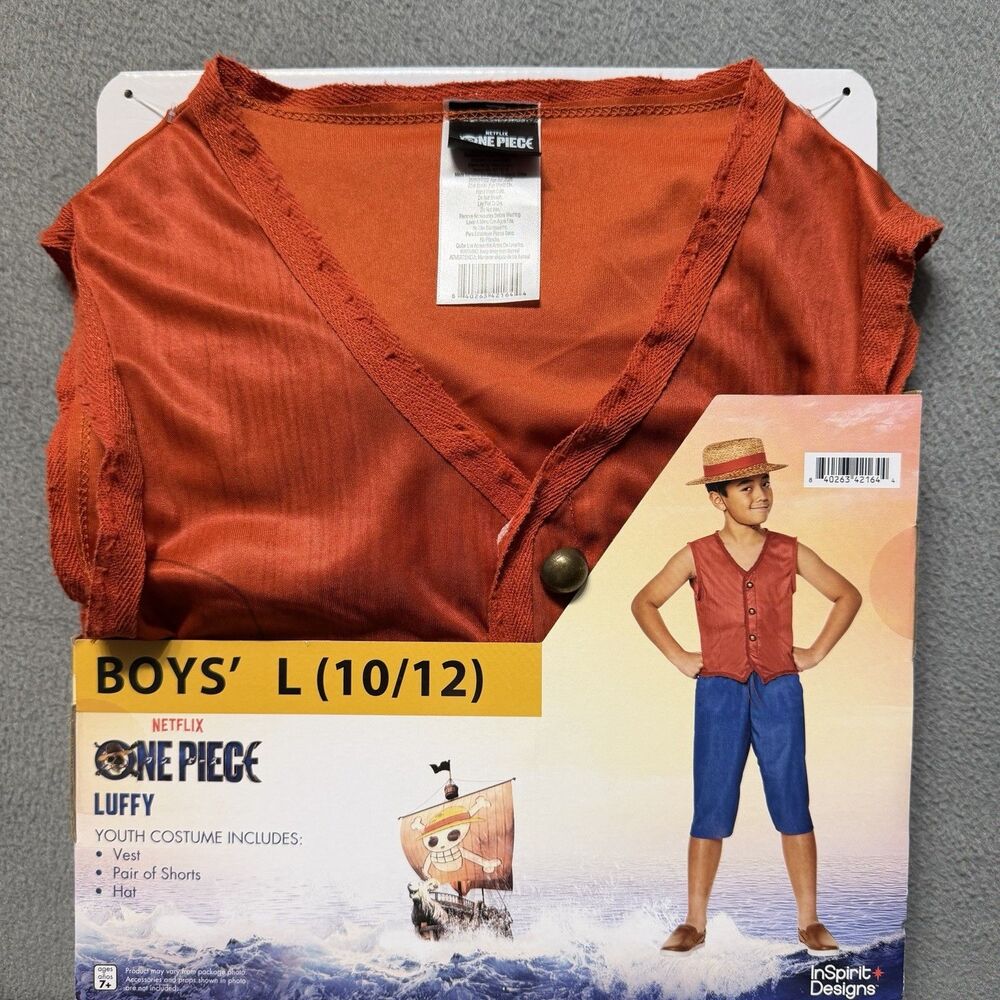 Netflix One Piece Luffy Boys Costume L 10/12 Vest Shorts Straw Hat 3 Piece NWT
